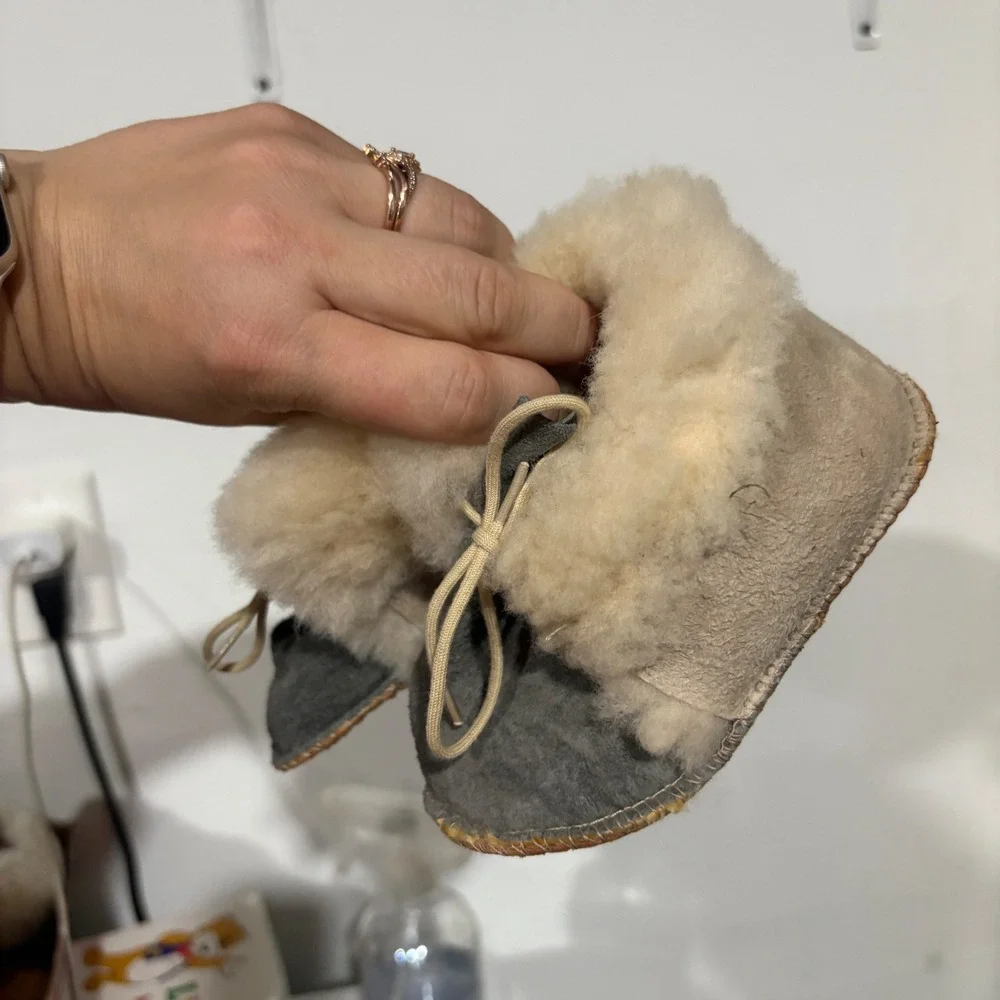 Handmade Infant Suede Sheepskin Shearling Moccasin Booties Grey Tan Toddler 5
